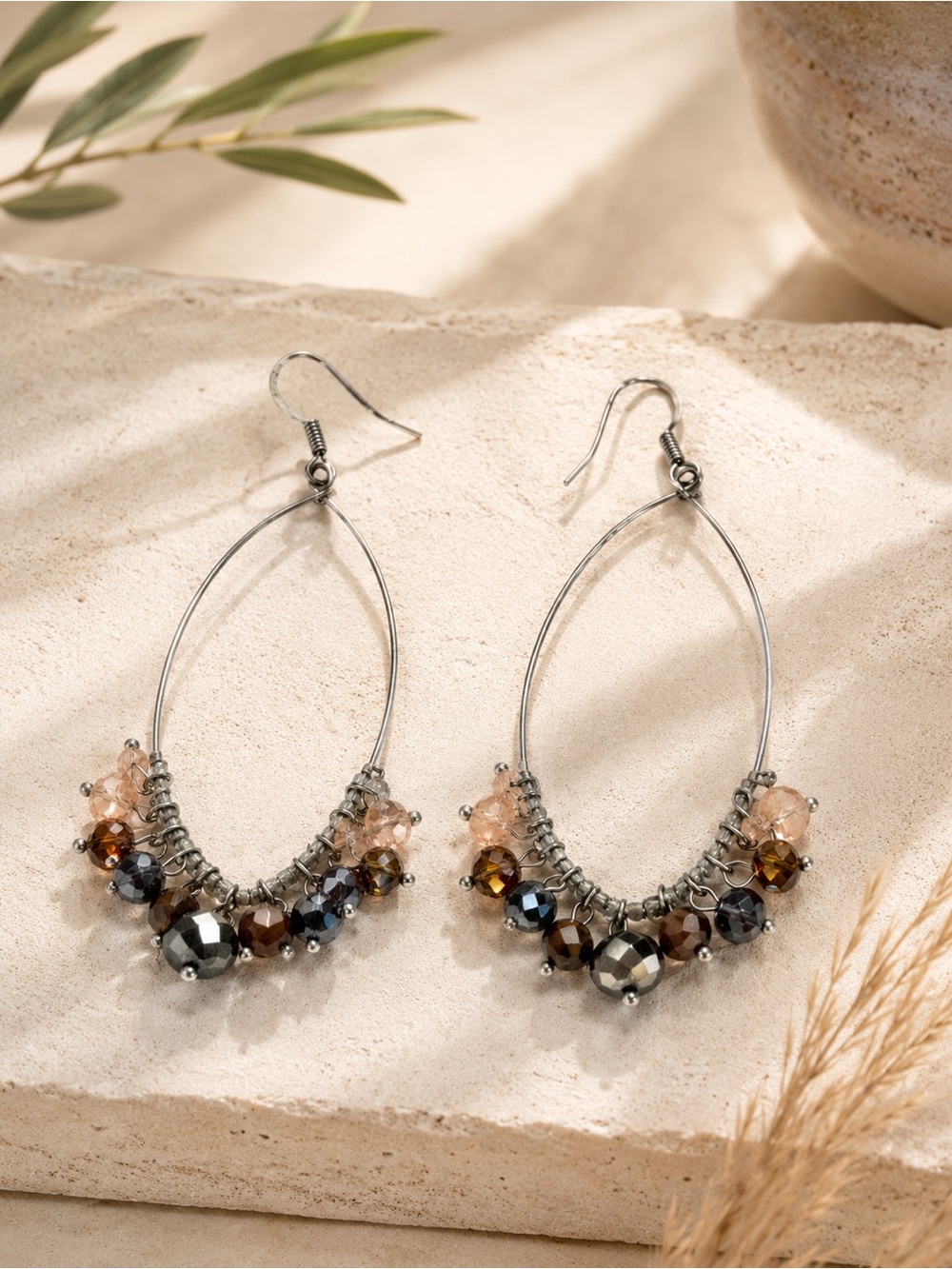 ✨ Silver Tone Crystal Beaded Teardrop Hoop Earrings Boho Dangle Statement ✨
